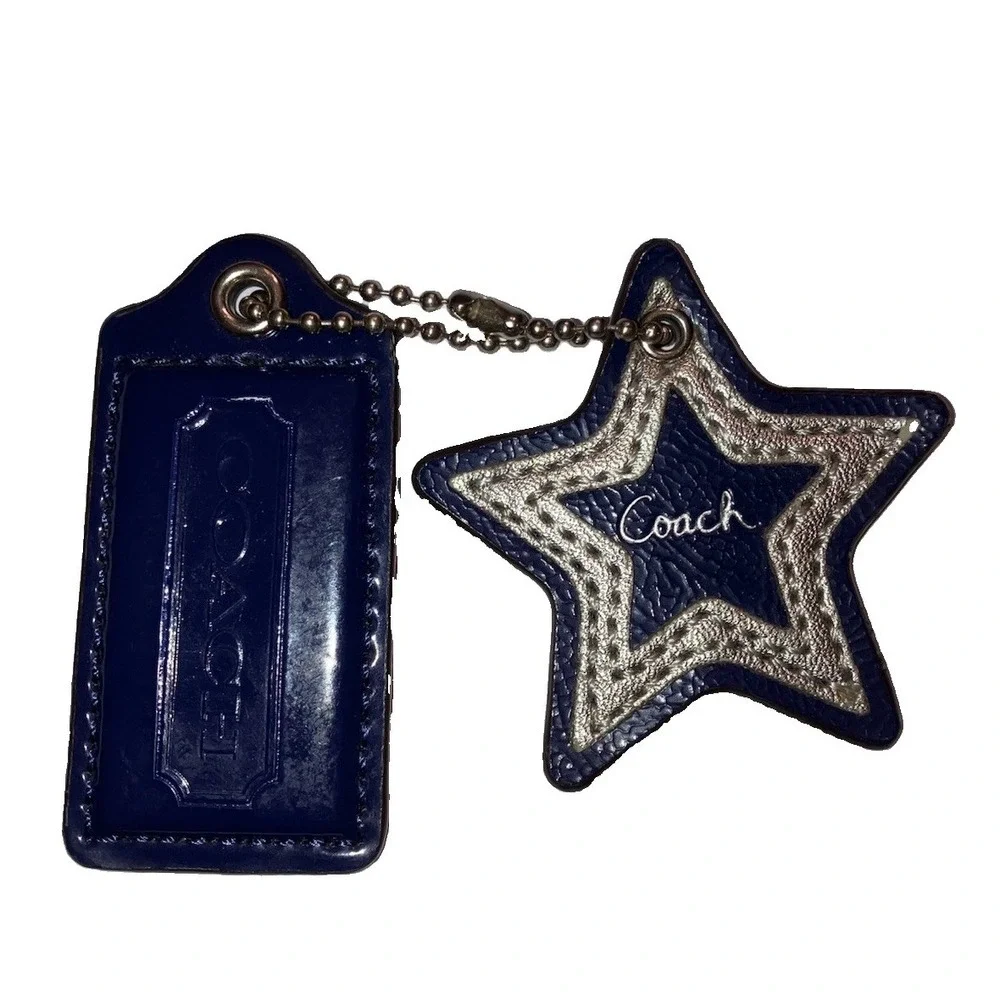 Coach Leather 2 Bag Charms Star Logo Leather Navy Silver Keychain